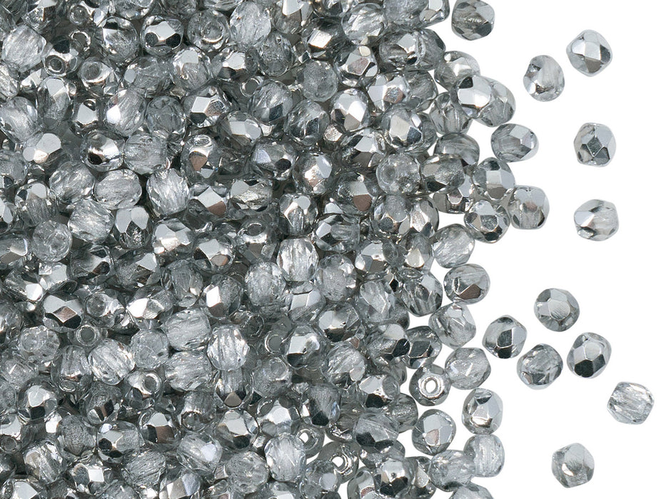 100 pcs Fire Polished Faceted Beads Round, 3mm, Crystal Labrador (Crystal Silver), Czech Glass