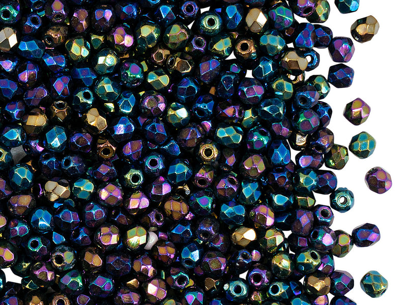 Set of Round Fire Polished Beads (3mm, 4mm, 6mm, 8mm), Jet Iris Rainbow, Czech Glass