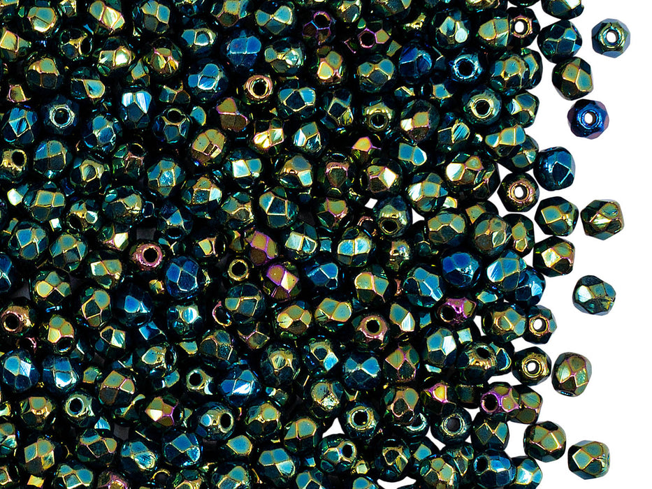 100 pcs Fire Polished Faceted Beads Round, 3mm, Jet Green Iris, Czech Glass
