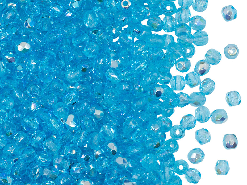 100 pcs Fire Polished Faceted Beads Round, 3mm, Aquamarine AB, Czech Glass