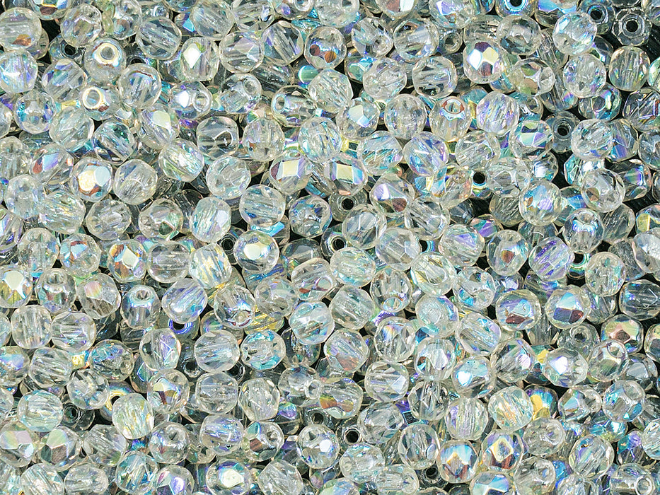 100 pcs Fire Polished Faceted Beads Round, 3mm, Crystal Green Rainbow, Czech Glass