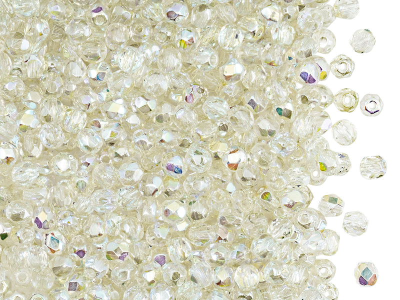 100 pcs Fire Polished Faceted Beads Round, 3mm, Crystal Green Rainbow, Czech Glass