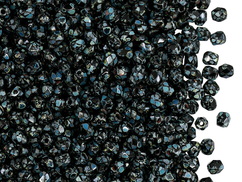 100 pcs Fire Polished Faceted Beads Round, 3mm, Jet Travertine, Czech Glass