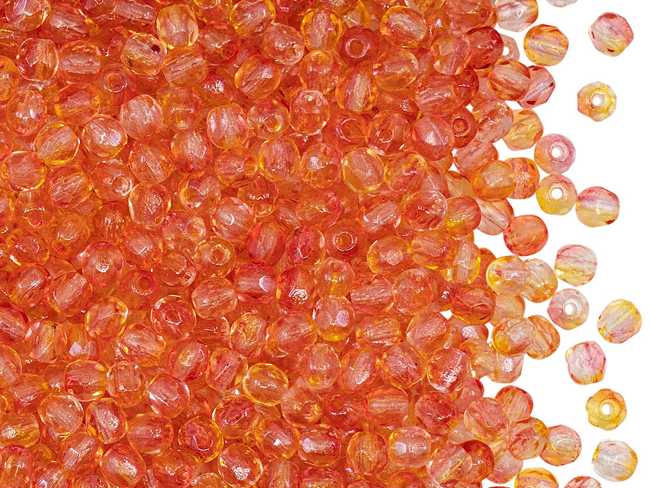 100 pcs Fire Polished Faceted Beads Round 3 mm, Crystal Orange-Yellow Two Tone Luster, Czech Glass