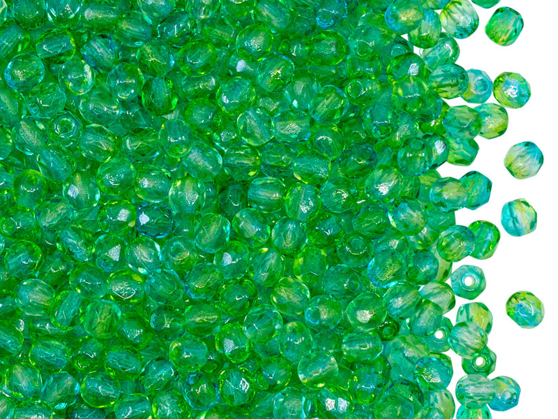 100 pcs Fire Polished Faceted Beads Round 3 mm, Crystal Green Aqua Blue Two Tone Luster, Czech Glass
