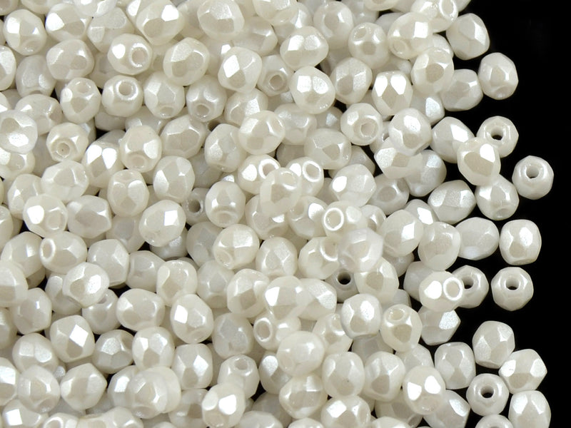 Set of Round Fire Polished Beads (3mm, 4mm, 6mm, 8mm), Pastel White, Czech Glass