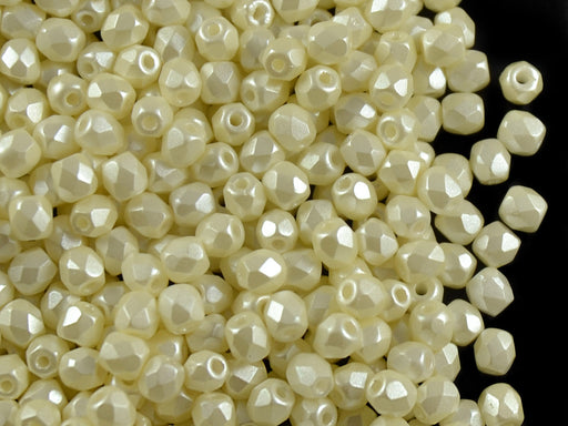 Set of Round Fire Polished Beads (3mm, 4mm, 6mm, 8mm), Pastel Light Cream, Czech Glass