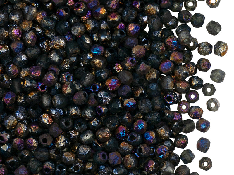 100 pcs Fire-Polished Faceted Beads Round 3mm, Czech Glass, Crystal Etched Sliperit Full Dark