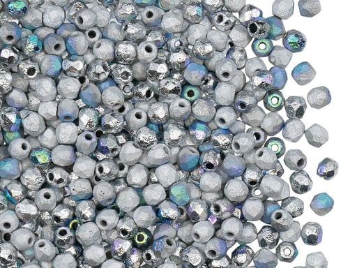 100 pcs Fire-Polished Faceted Beads Round 3mm, Czech Glass, Crystal Etched Glittery Silver