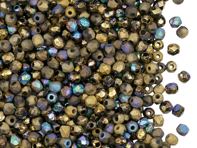 100 pcs Fire-Polished Faceted Beads Round 3mm, Czech Glass, Crystal Etched Glittery Amber