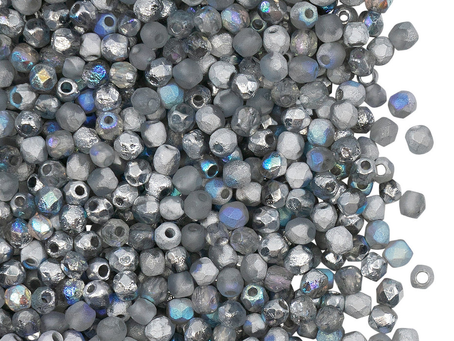 100 pcs Fire-Polished Faceted Beads Round 3mm, Czech Glass, Crystal Etched Silver Rainbow