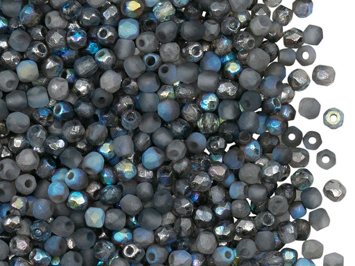 100 pcs Fire-Polished Faceted Beads Round 3mm, Czech Glass, Crystal Etched Graphite Rainbow