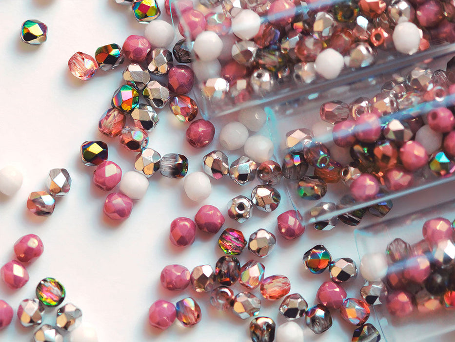 0,88 oz (25 g) Mix of Faceted Fire Polished Beads 3 mm, 5 Сolors Magical Symphony, Czech Glass