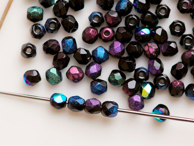 0,88 oz (25 g) Mix of Faceted Fire Polished Beads 3 mm, 5 Сolors Elegant Black, Czech Glass