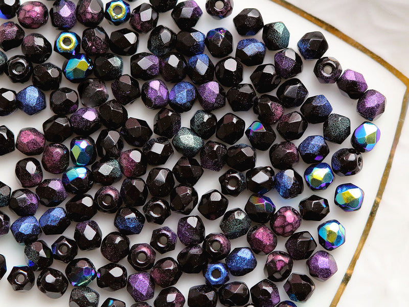 0,88 oz (25 g) Mix of Faceted Fire Polished Beads 3 mm, 5 Сolors Elegant Black, Czech Glass