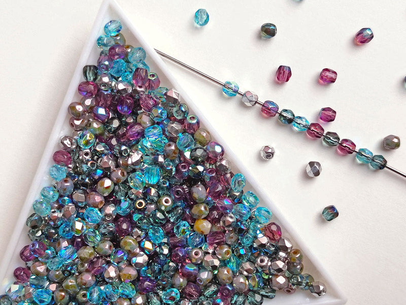 0,88 oz (25 g) Mix of Faceted Fire Polished Beads 3 mm, 5 Сolors Sea Breeze, Czech Glass