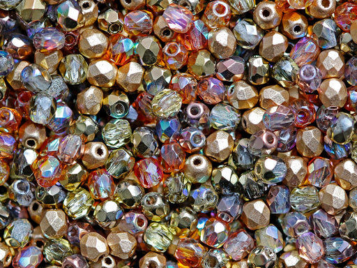 Mix of Faceted Fire Polished Beads 3 mm, 5 Сolors Golden Splashes, Czech Glass