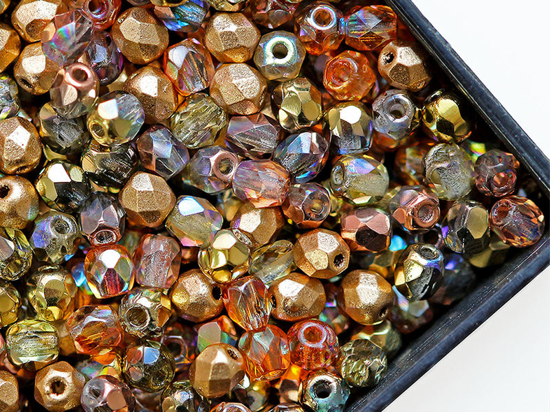 0,88 oz (25 g) Mix of Faceted Fire Polished Beads 3 mm, 5 Сolors Golden Splashes, Czech Glass