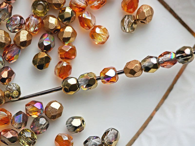 0,88 oz (25 g) Mix of Faceted Fire Polished Beads 3 mm, 5 Сolors Golden Splashes, Czech Glass