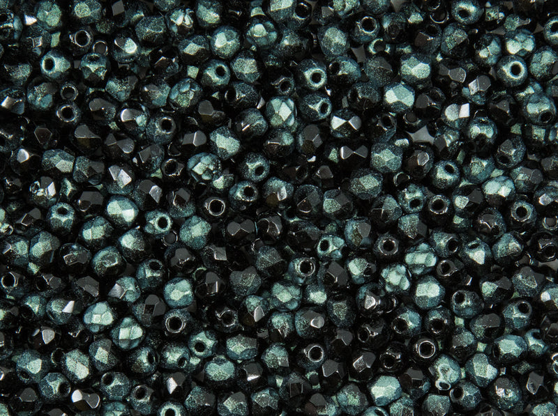 100 pcs Fire Polished Faceted Beads Round, 3mm, Jet Rutile Green, Czech Glass