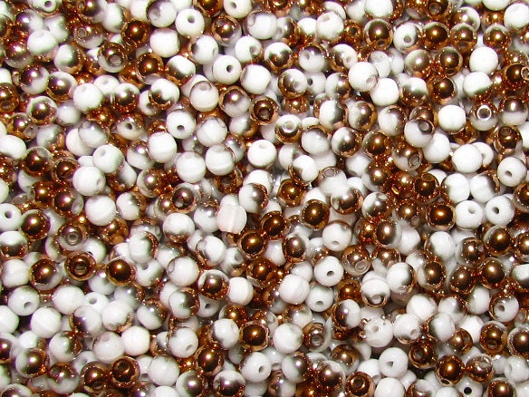 100 pcs Round Pressed Beads, 3mm, White Opaque Gold Combined (White Chalk Gold Metallic), Czech Glass