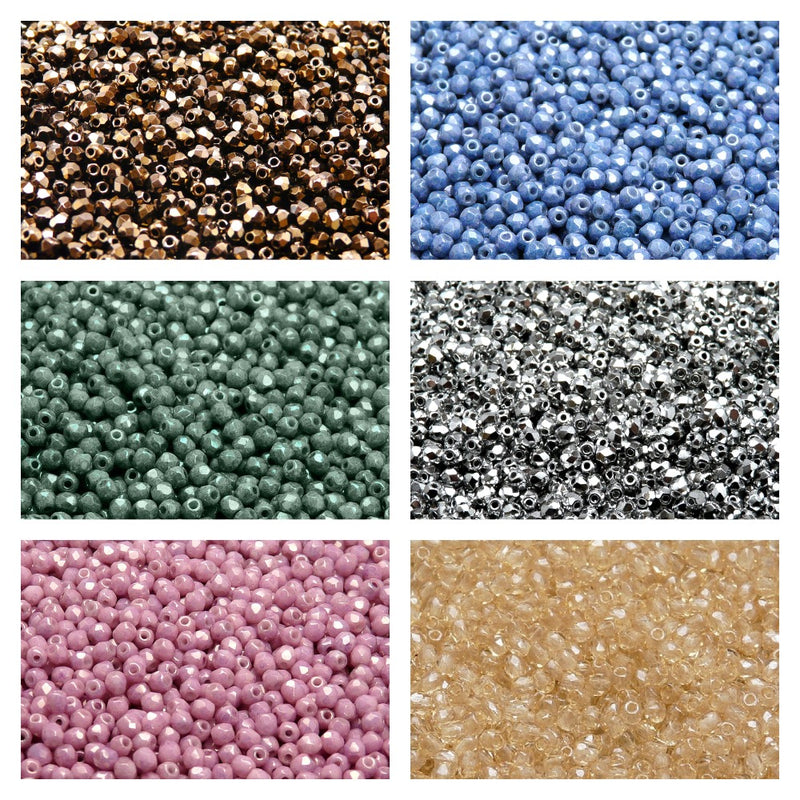 Set of Czech Fire-Polished Glass Beads Round 3mm - 6 colors (3FP025 3FP027 3FP028 3FP029 3FP031 3FP033)