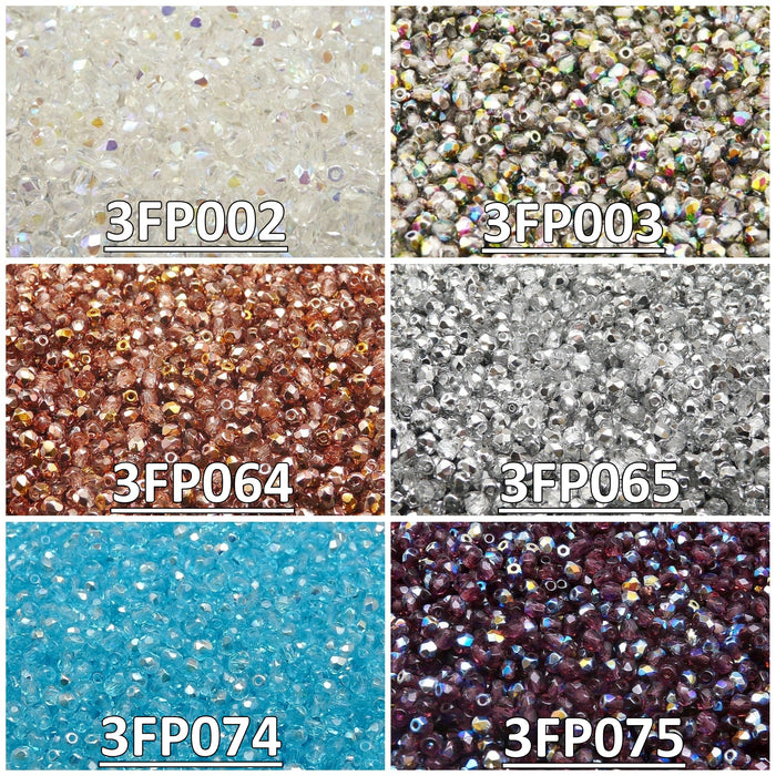 Set of Czech Fire-Polished Glass Beads Round 3mm - 6 colors (3FP002-3FP003-3FP064-3FP065-3FP074-3FP075)
