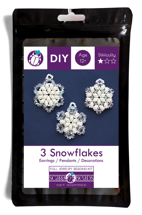 Exclusive Beading KIT “3 Snowflakes” (DIY beaded jewelry making), White