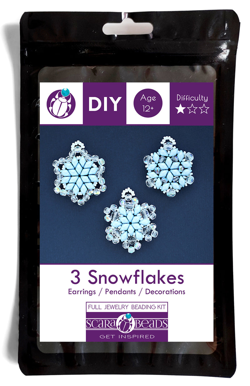 Exclusive Beading KIT “3 Snowflakes” (DIY beaded jewelry making), Blue