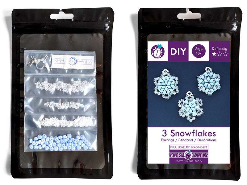 Exclusive Beading KIT “3 Snowflakes” (DIY beaded jewelry making), Blue