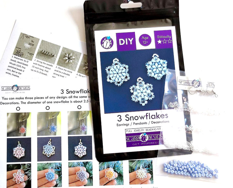 Exclusive Beading KIT “3 Snowflakes” (DIY beaded jewelry making), Blue