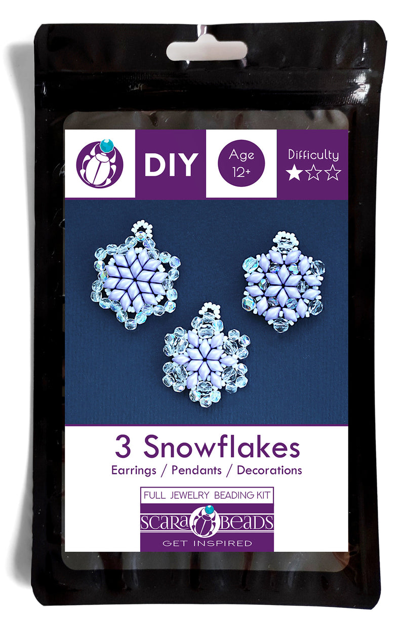 Exclusive Beading KIT “3 Snowflakes” (DIY beaded jewelry making), Lavender