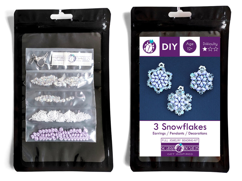 Exclusive Beading KIT “3 Snowflakes” (DIY beaded jewelry making), Lavender