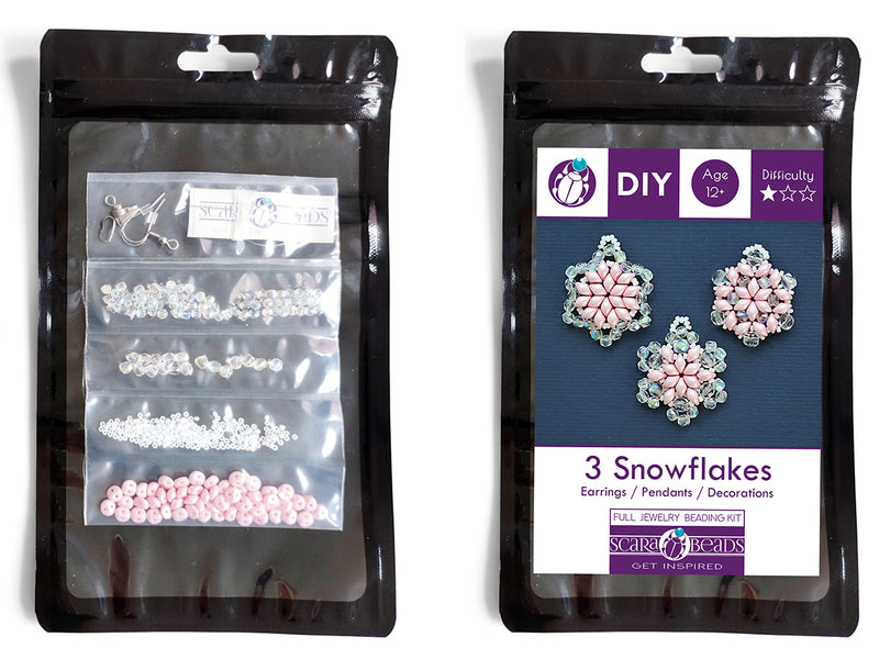 Exclusive Beading KIT “3 Snowflakes” (DIY beaded jewelry making), Pink
