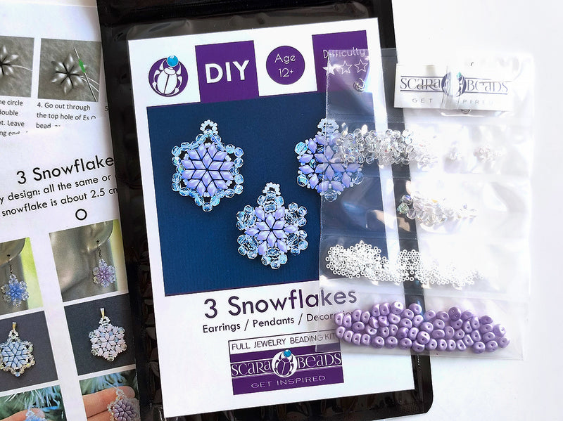Exclusive Beading KIT “3 Snowflakes” (DIY beaded jewelry making), Lavender