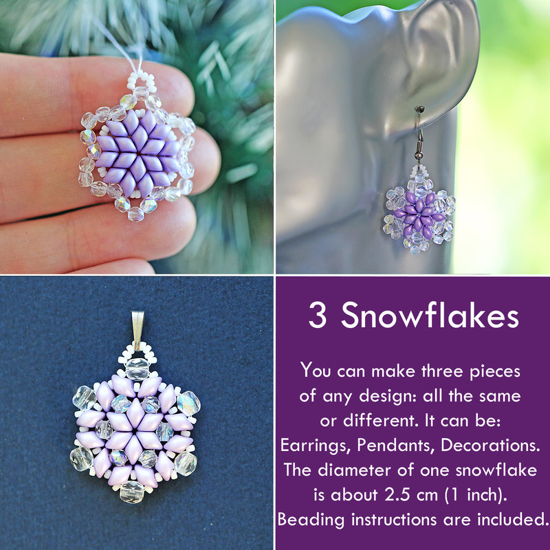 Exclusive Beading KIT “3 Snowflakes” (DIY beaded jewelry making), Lavender