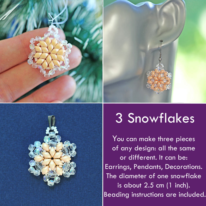 Exclusive Beading KIT “3 Snowflakes” (DIY beaded jewelry making), Cream