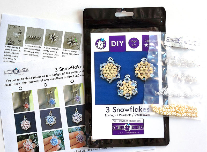 Exclusive Beading KIT “3 Snowflakes” (DIY beaded jewelry making), Cream