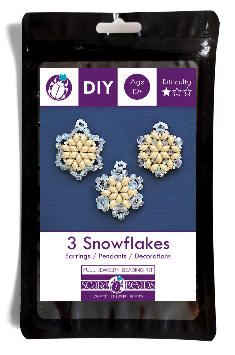 Exclusive Beading KIT “3 Snowflakes” (DIY beaded jewelry making), Cream