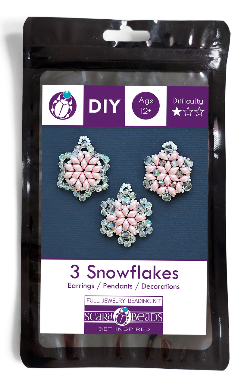 Exclusive Beading KIT “3 Snowflakes” (DIY beaded jewelry making), Pink