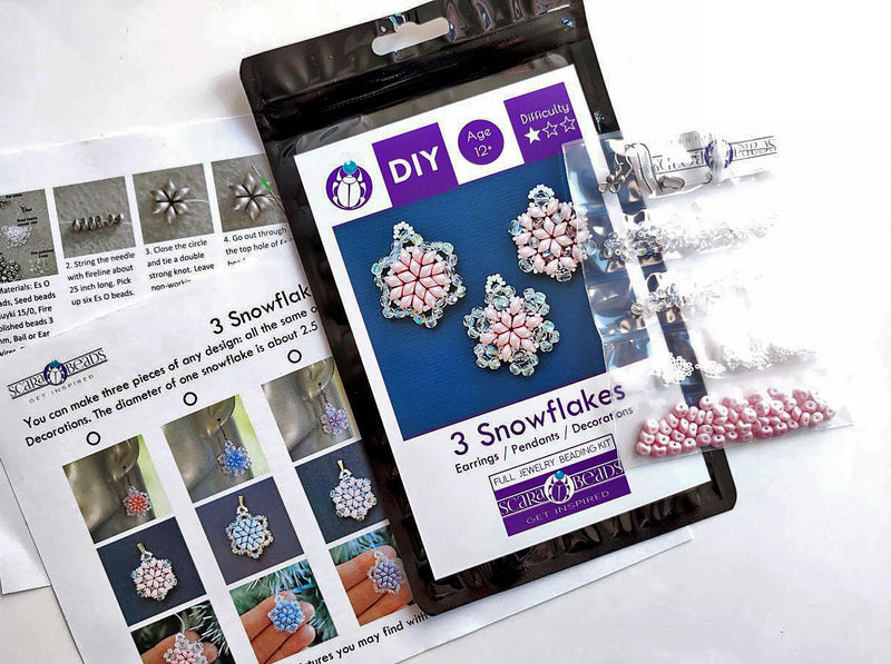 Exclusive Beading KIT “3 Snowflakes” (DIY beaded jewelry making), Pink