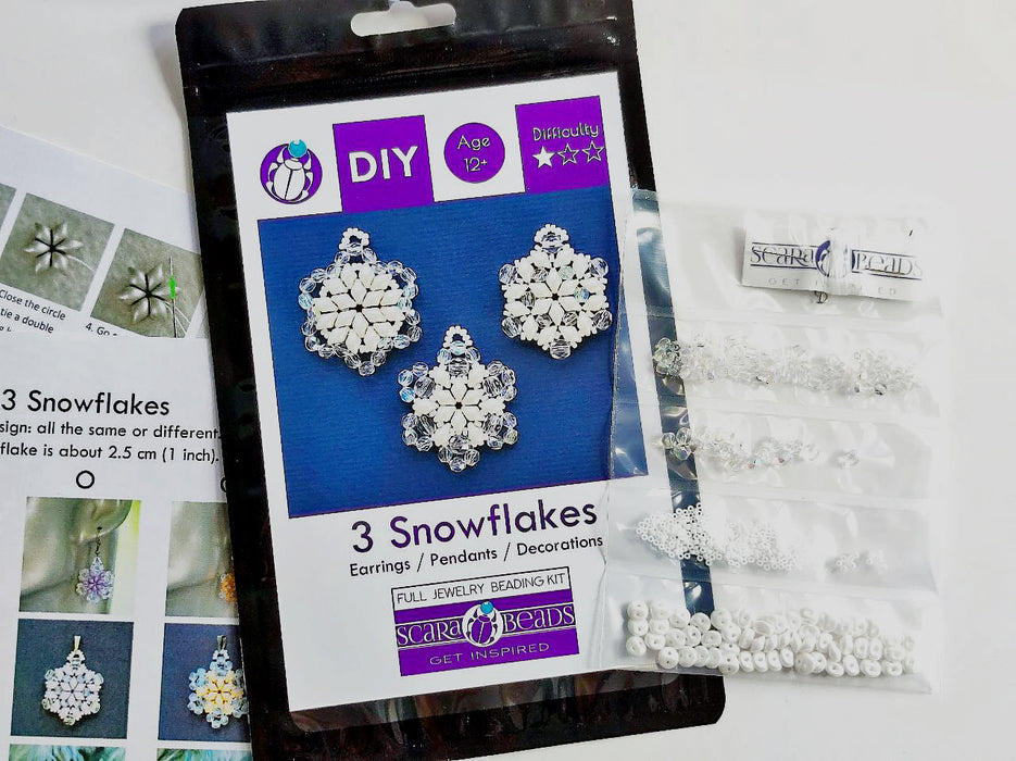 Exclusive Beading KIT “3 Snowflakes” (DIY beaded jewelry making), White
