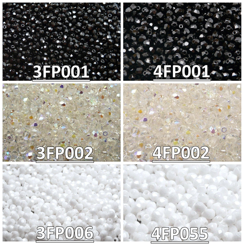 Set of Round Fire Polished Beads (3mm, 4mm), 3 colors: Jet Black, Crystal AB, Chalk White), Czech Glass