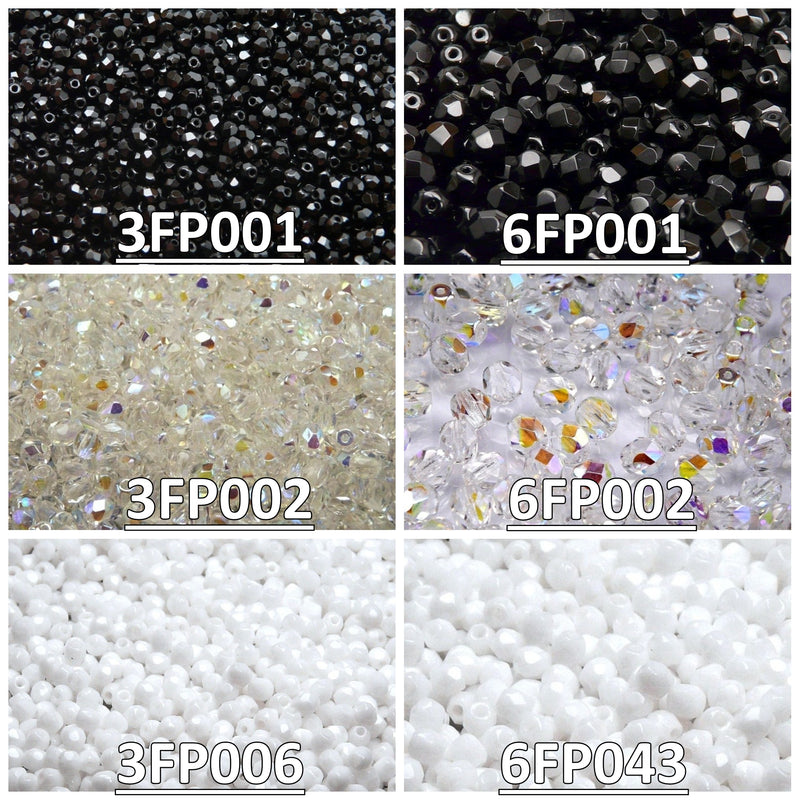 Set of Round Fire Polished Beads (3mm, 6mm), 3 colors: Jet Black, Crystal AB, Chalk White, Czech Glass