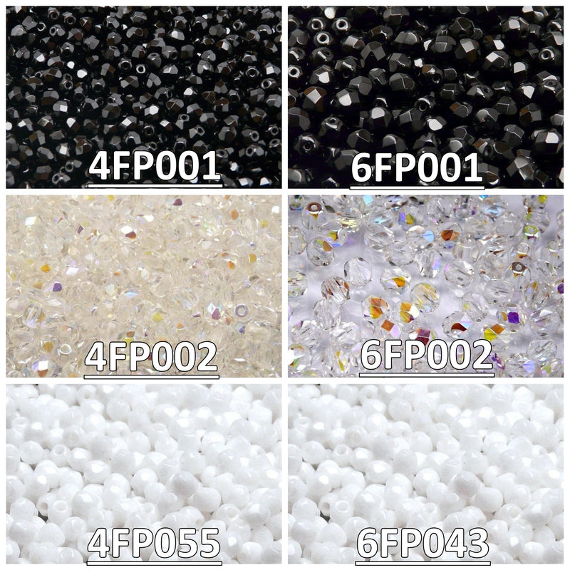Set of Round Fire Polished Beads (4mm, 6mm), 3 colors: Jet Black, Crystal AB, Chalk White, Czech Glass