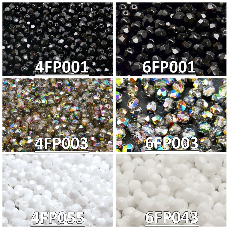 Set of Round Fire Polished Beads (4mm, 6mm), 3 colors: Jet Black, Crystal Vitrail, Chalk White, Czech Glass