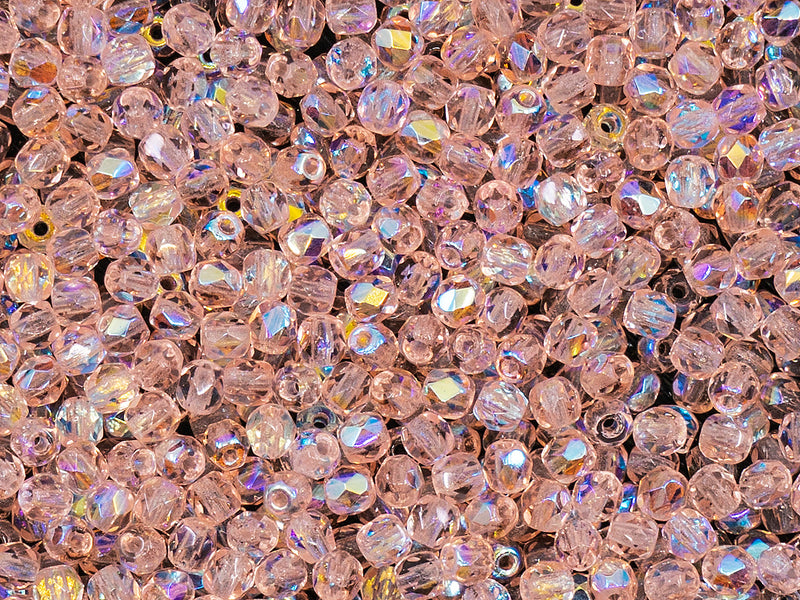 100 pcs Fire Polished Faceted Beads Round, 3mm, Rosaline AB, Czech Glass
