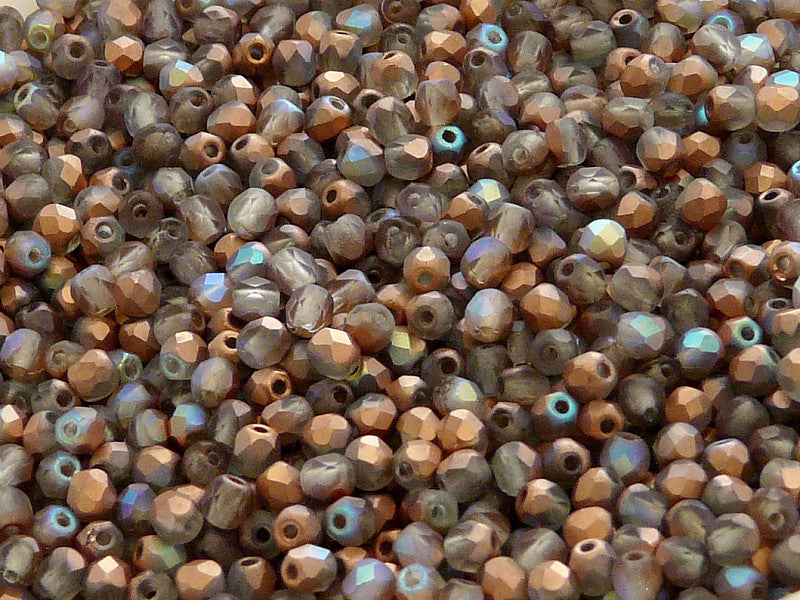 100 pcs Fire Polished Faceted Beads Round, 3mm, Crystal Matte Copper Rainbow, Czech Glass