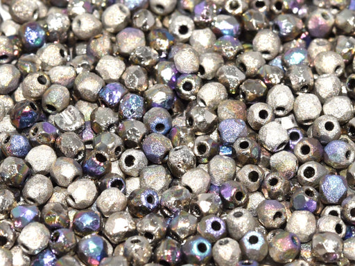 100 pcs Fire-Polished Faceted Beads Round 3mm, Czech Glass, Crystal Etched Glittery Argentic
