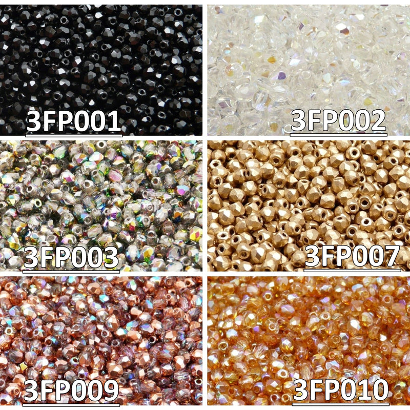 Set of Czech Fire-Polished Glass Beads Round 3mm - 6 colors (3FP001 3FP002 3FP003 3FP007 3FP009 3FP010)